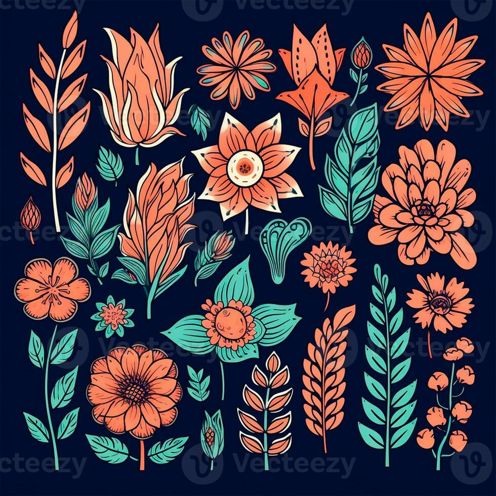 Color drawings of flowers and plants, hand drawings photo