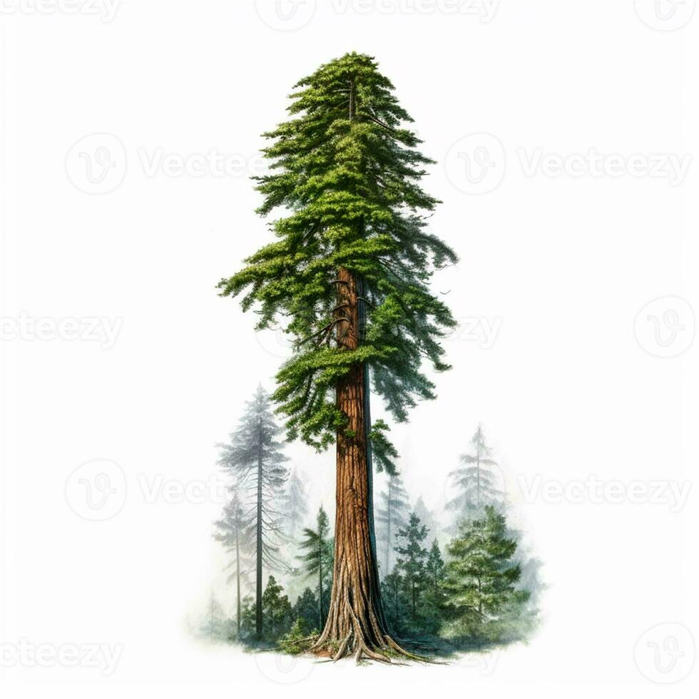Realistic green sequoia tallest tree in the world on a white background, USA symbol - AI generated image photo