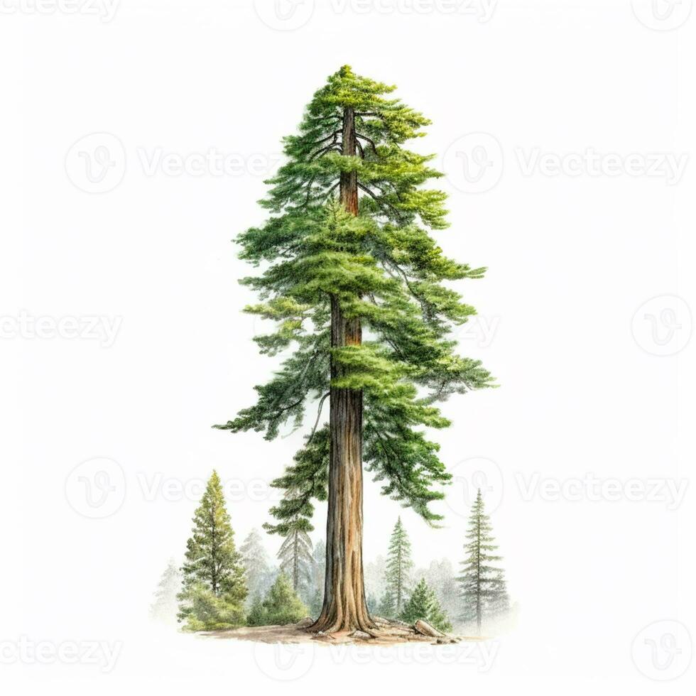 Realistic green sequoia tallest tree in the world on a white background, USA symbol - AI generated image photo