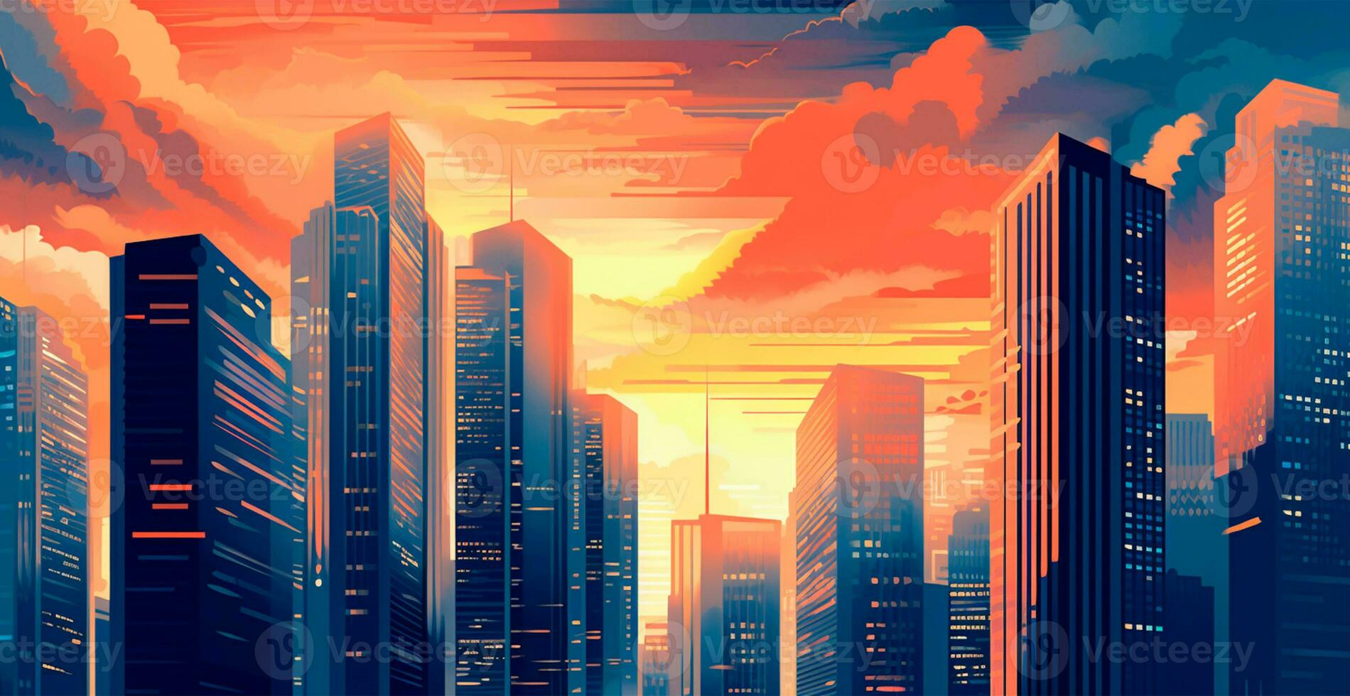 Financial district, business skyscraper, sun glare in the windows of the building - AI generated image photo
