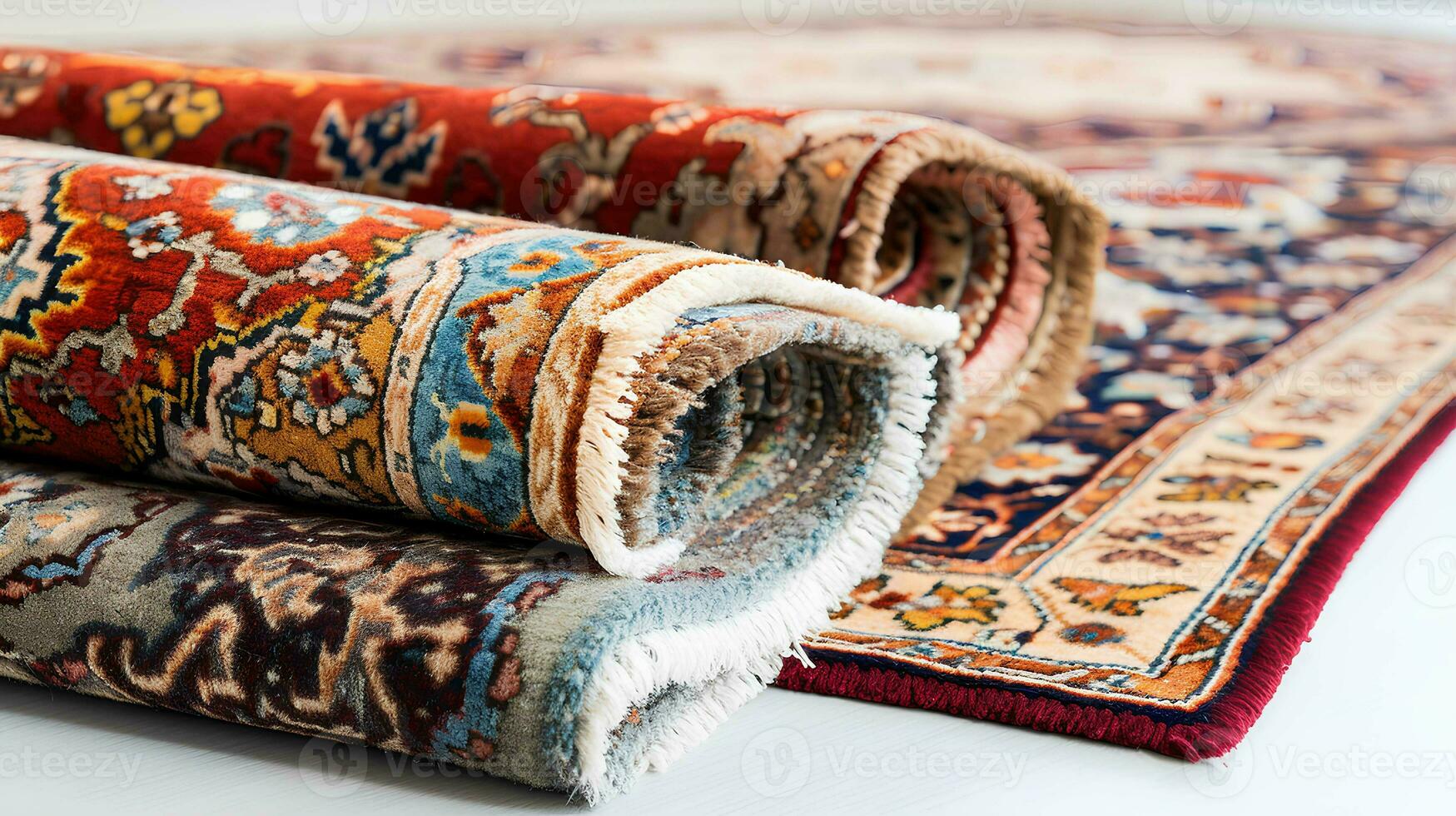 Rolled Persian carpets sale of bright carpets, photo shop