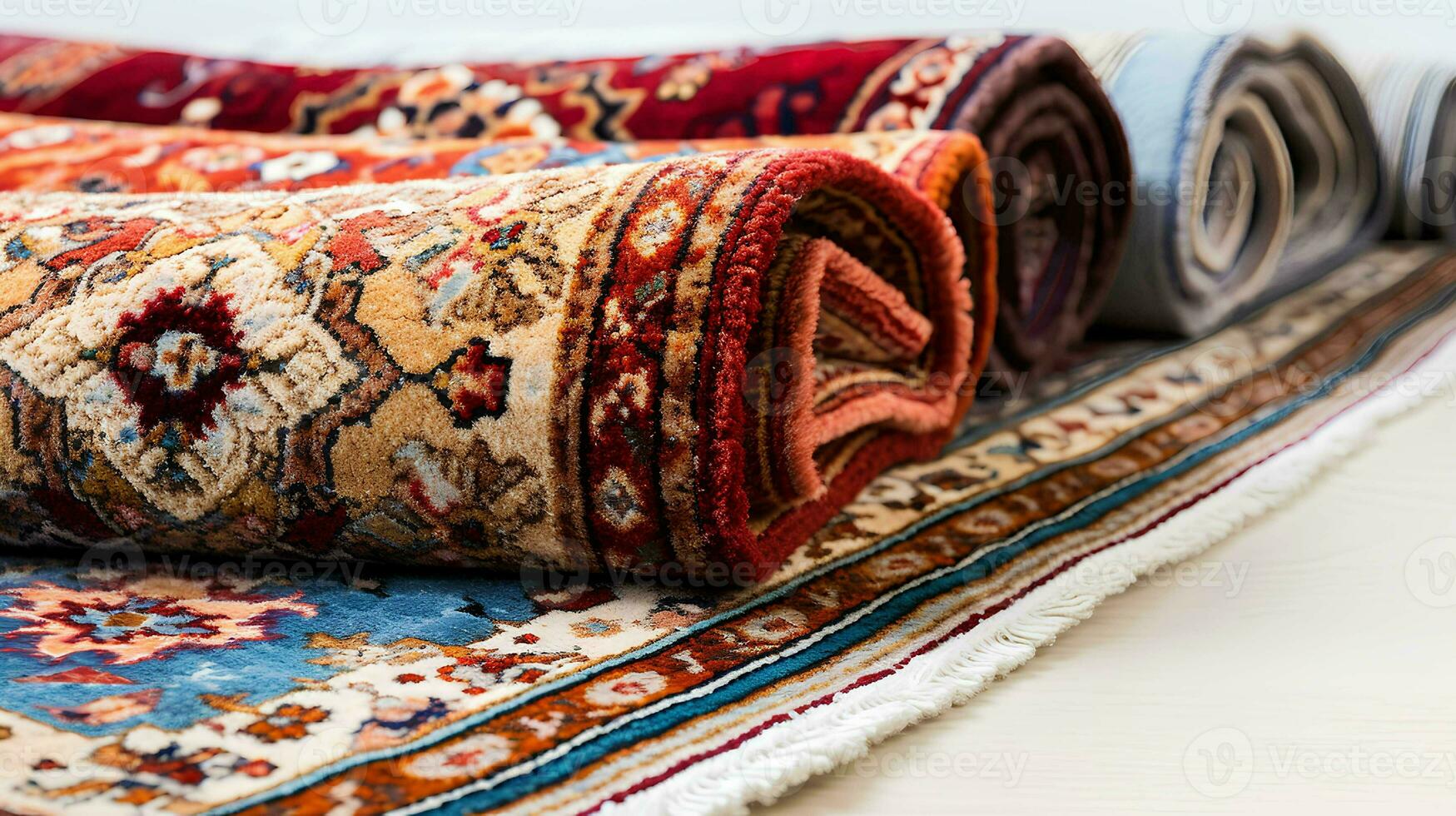 Rolled Persian carpets sale of bright carpets, photo shop