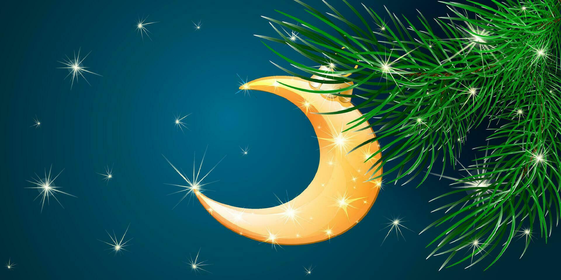 Green fir tree branch with hanging golden shiny moon shape Christmas ornament vector