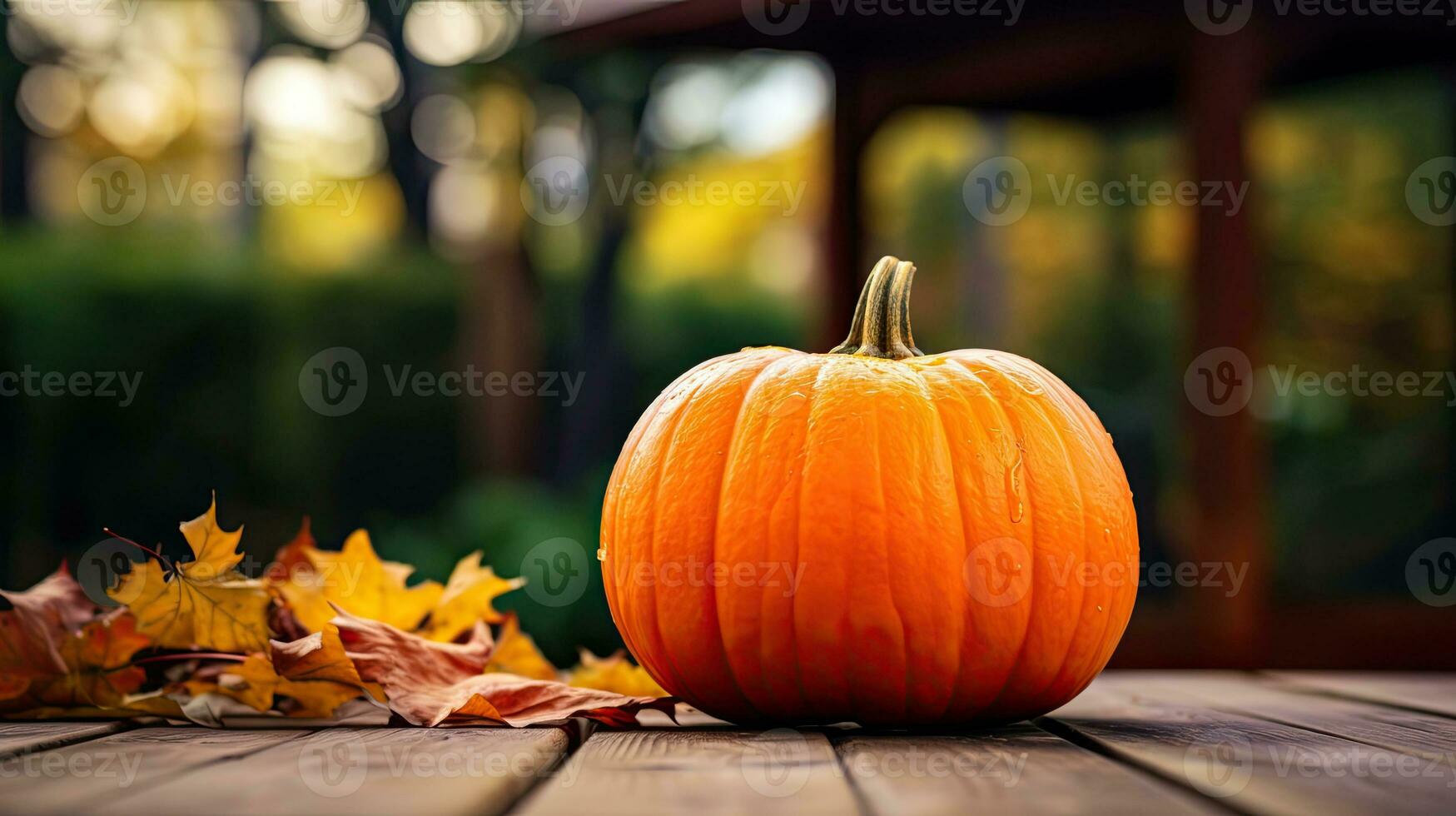 Portrait pumpkin with autumn leaf on the table AI Generative photo