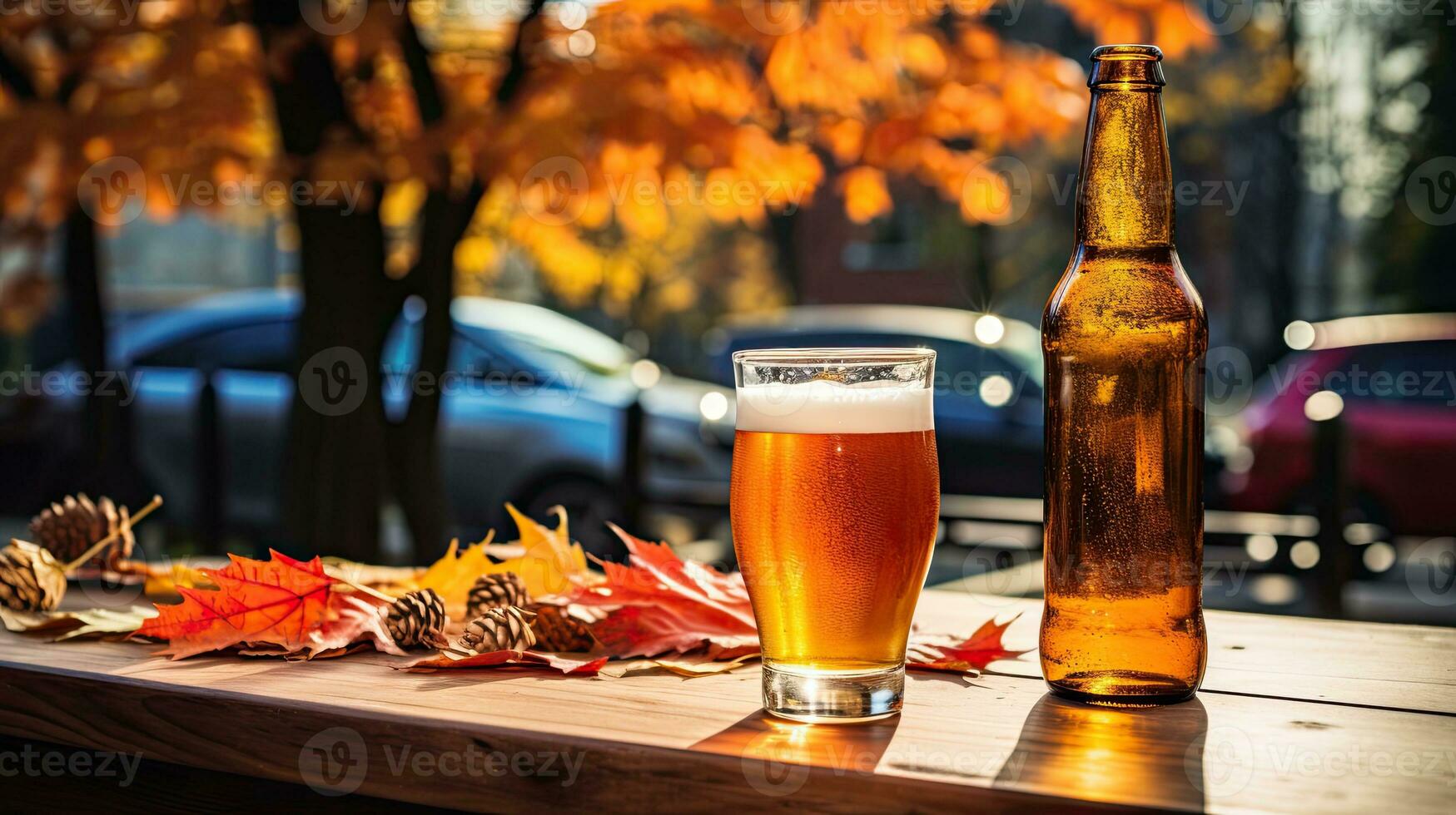 A glass beer with autumn leaf on the table AI Generative photo