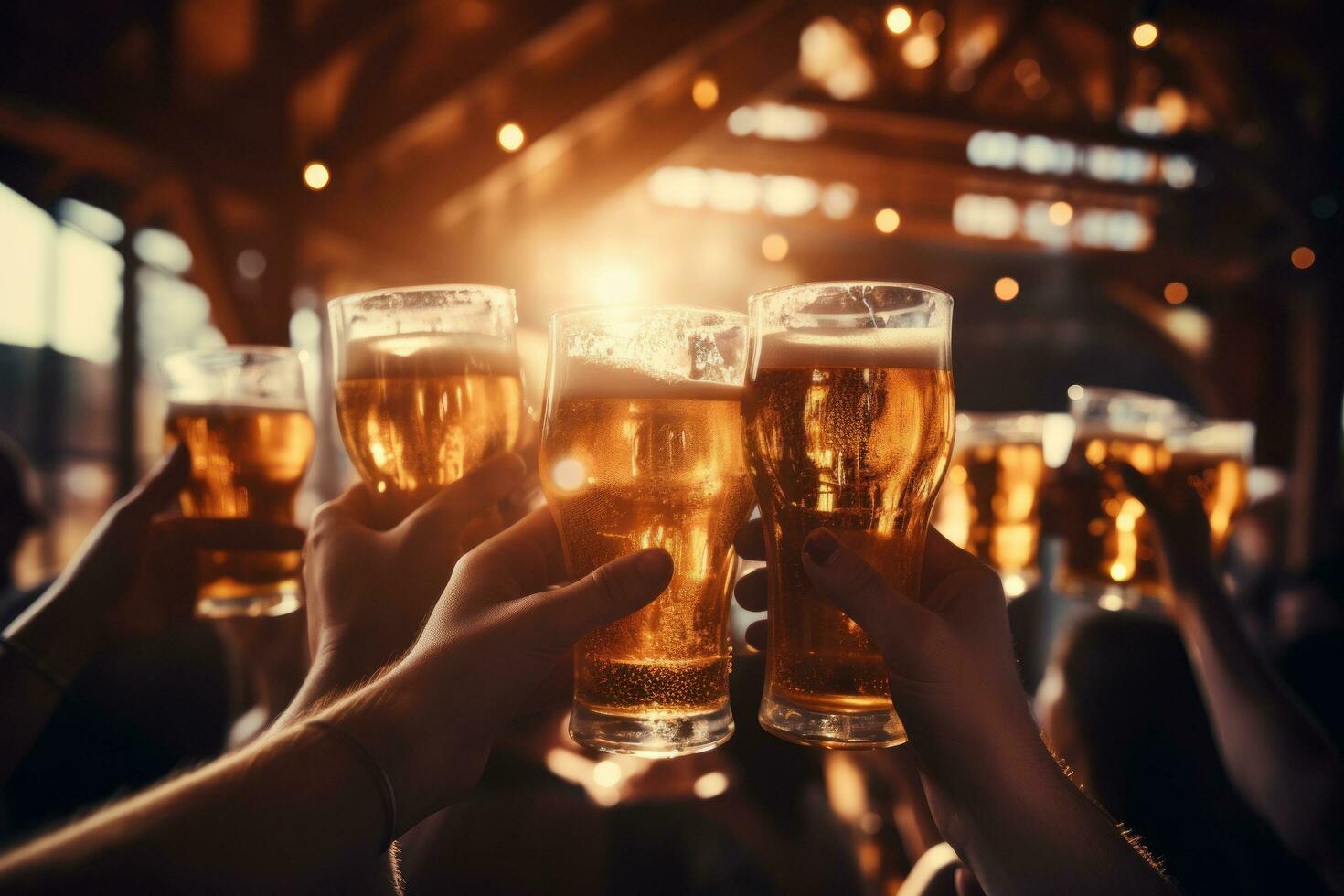 beer glasses of people toasting at the bar photo