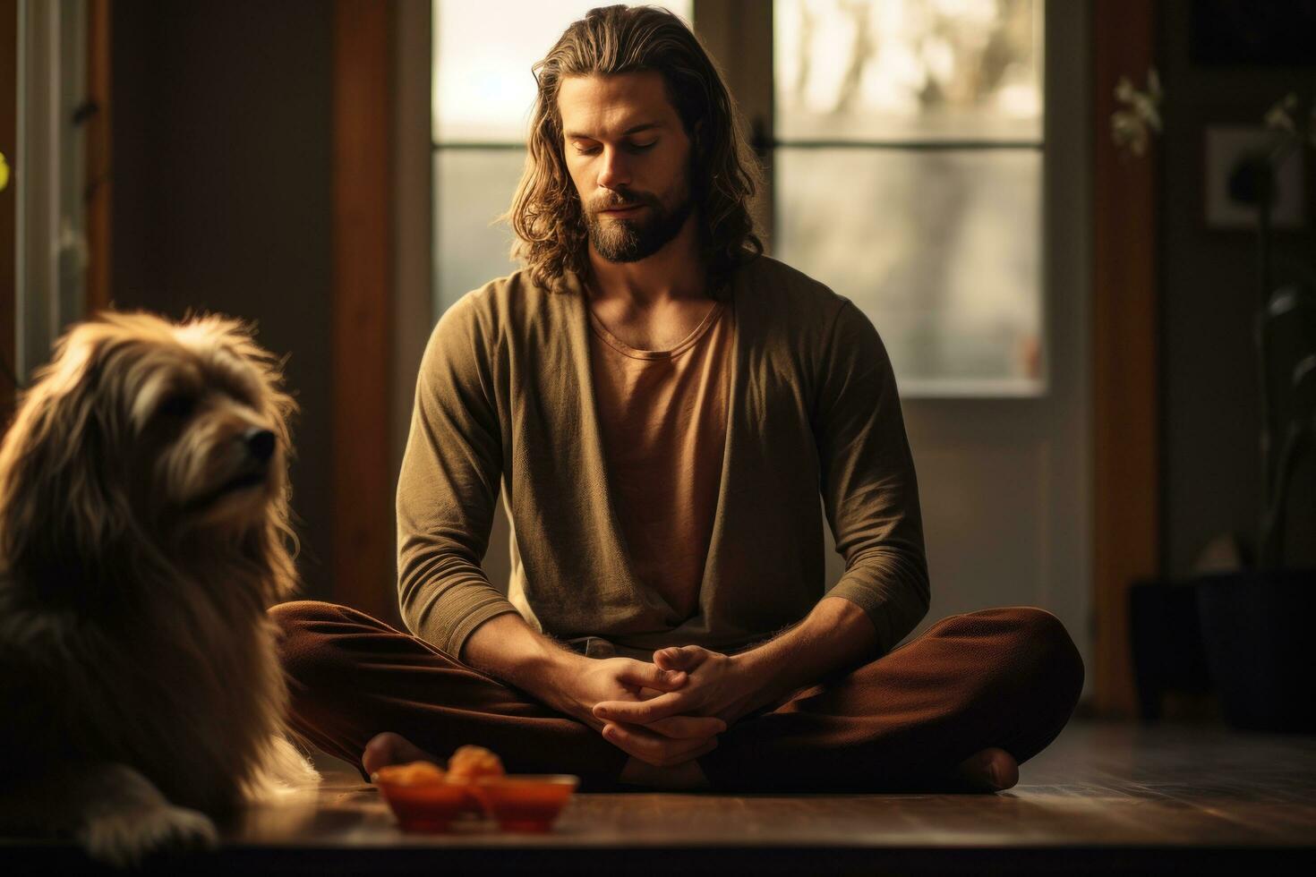 a man with dog sits down and makes eye contact with the camera while meditating in his home photo