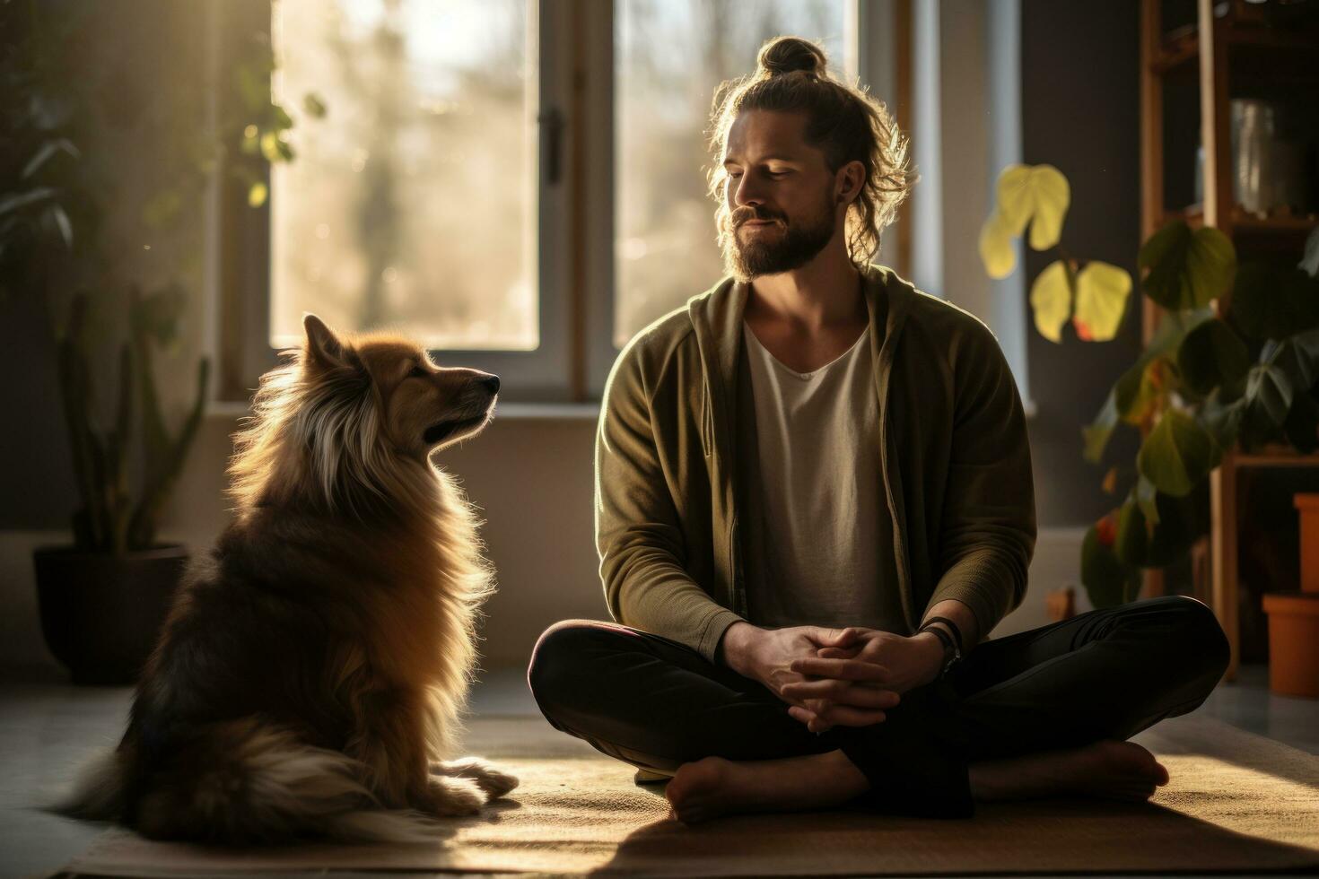 a man with dog sits down and makes eye contact with the camera while meditating in his home photo