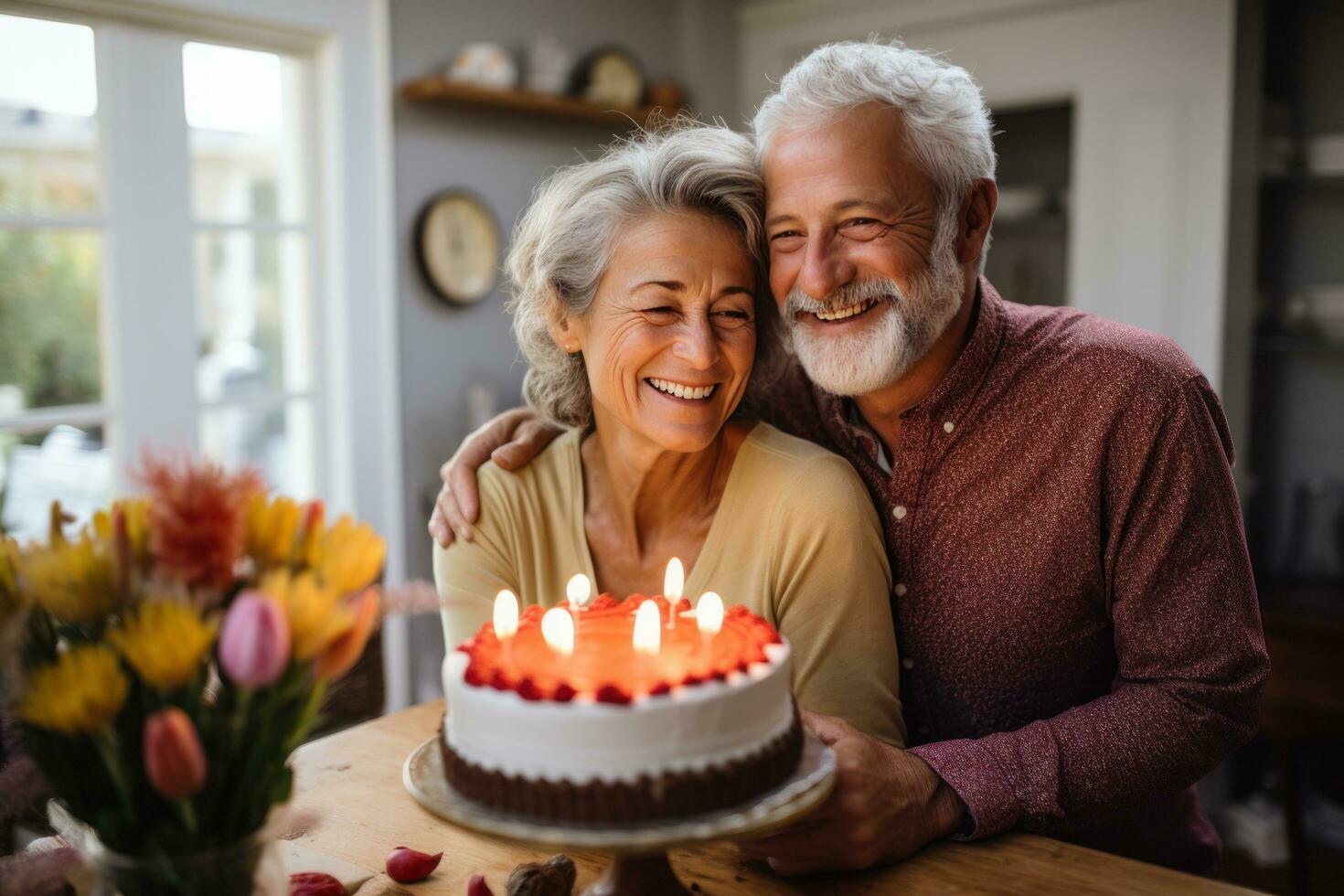 un más viejo Pareja abrazando en un cocina foto