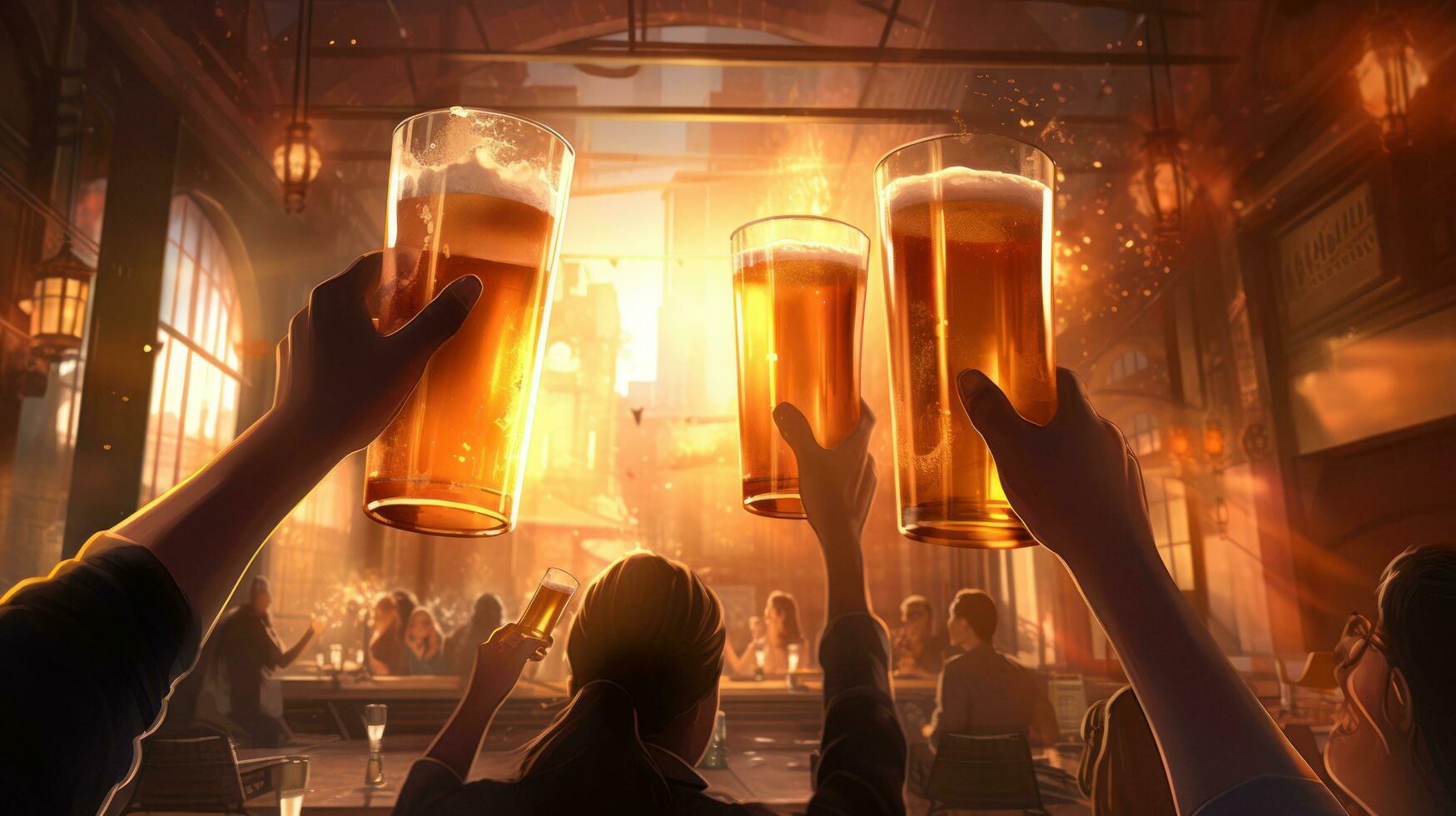 beer glasses of people toasting at the bar photo