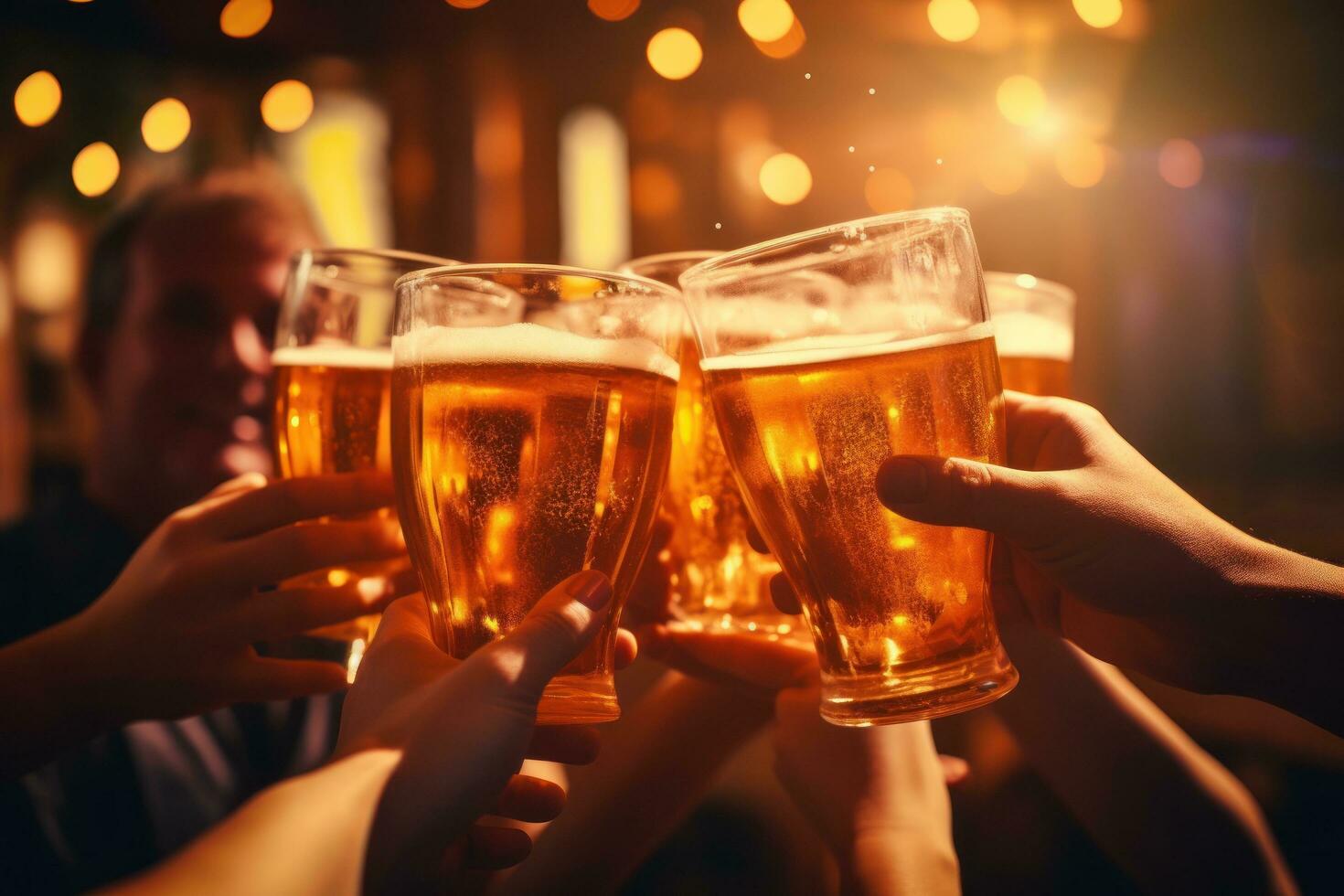 beer glasses of people toasting at the bar photo