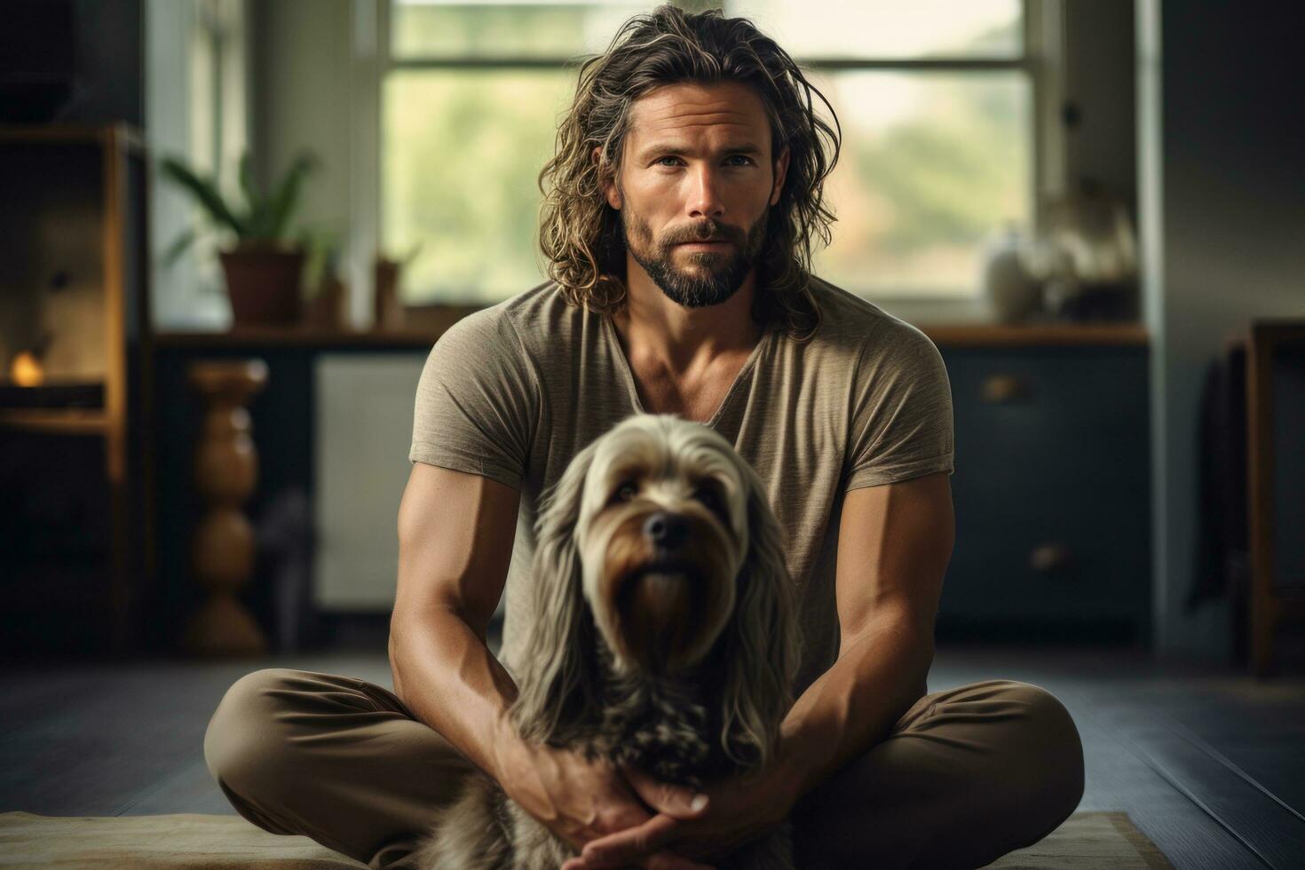 a man with dog sits down and makes eye contact with the camera while meditating in his home photo