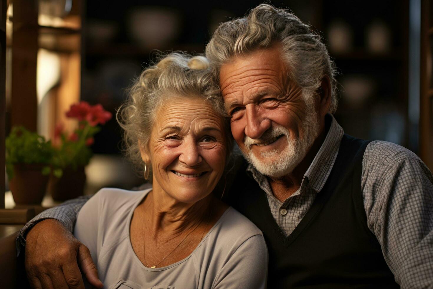 an older couple embracing in a kitchen photo