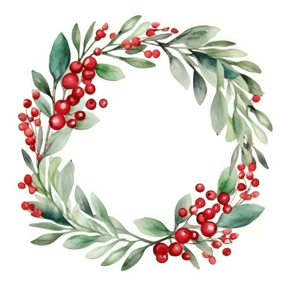 Watercolor mistletoe wreath with red berries and a wooden frame photo