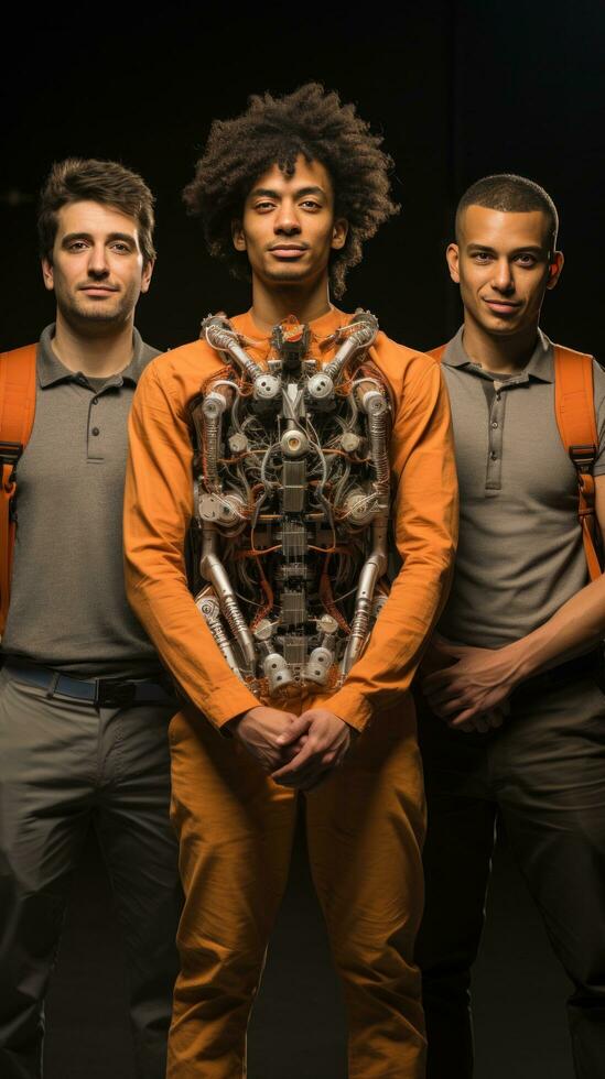 men and robot standing together photo