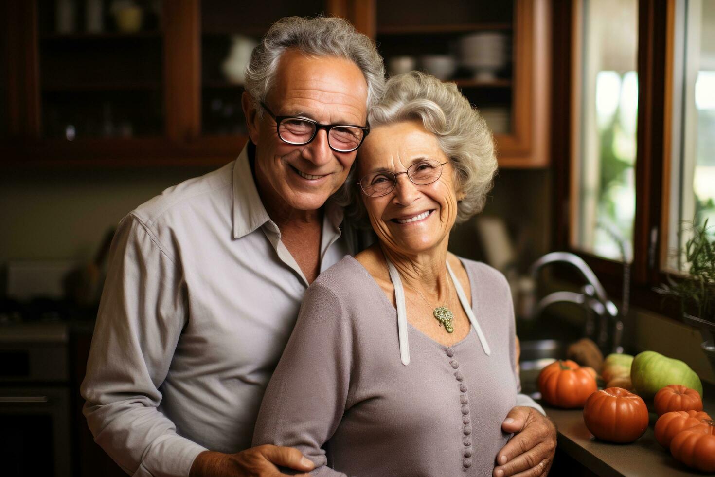 an older couple embracing in a kitchen photo