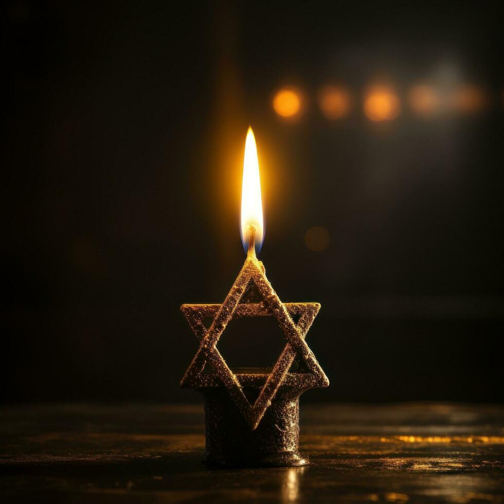 a candle burns against the background of the star of David photo