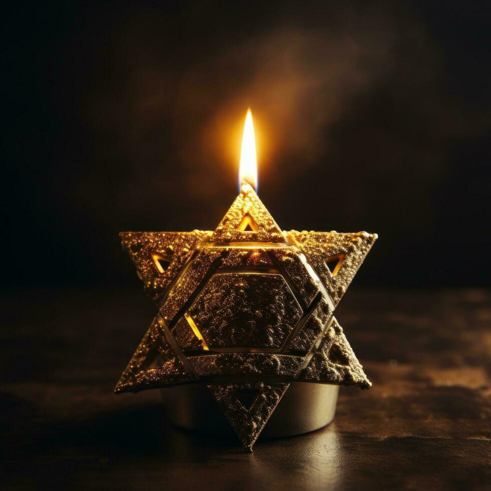 golden star of david on a black background. a candle is burning below photo