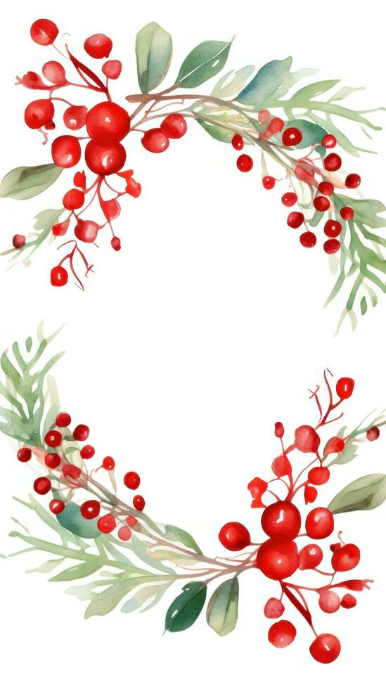 Festive watercolor Christmas wreath with red berries and a frame. photo