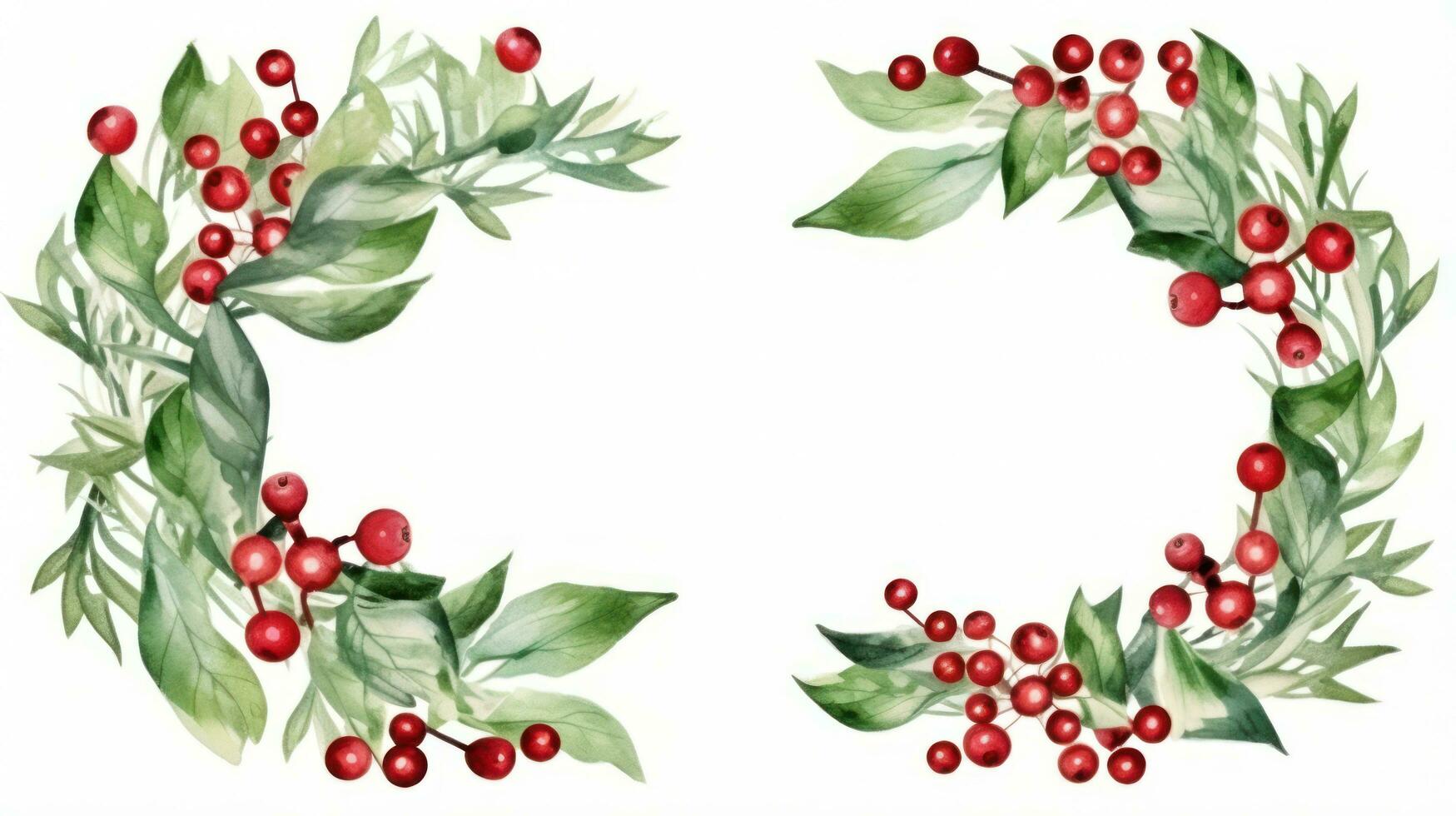 Watercolor mistletoe wreath with red berries and a wooden frame photo