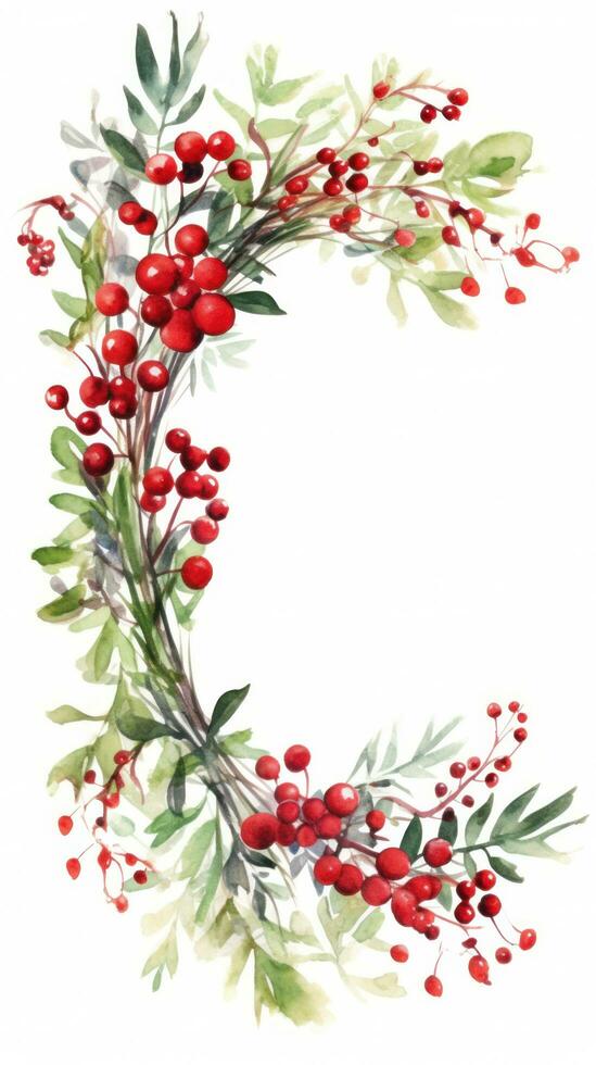 Festive watercolor Christmas wreath with red berries and a frame. photo