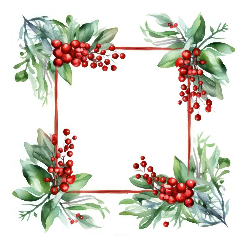 Watercolor mistletoe wreath with red berries and a wooden frame photo