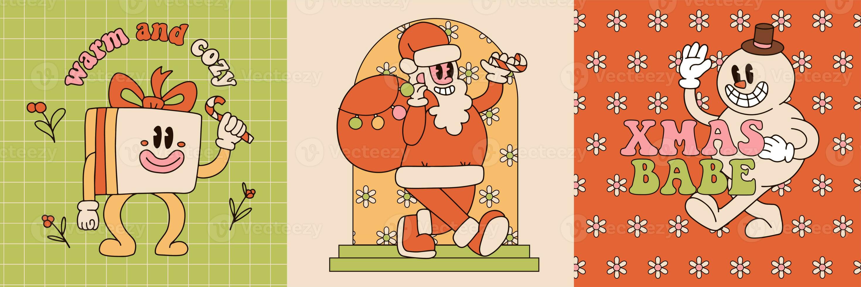 maravilloso Navidad saludo tarjetas colocar. regalo caja, Papa Noel noel, monigote de nieve caracteres en de moda retro dibujos animados estilo. alegre Navidad y contento nuevo año saludo póster, imprimir, fiesta invitación. vector foto