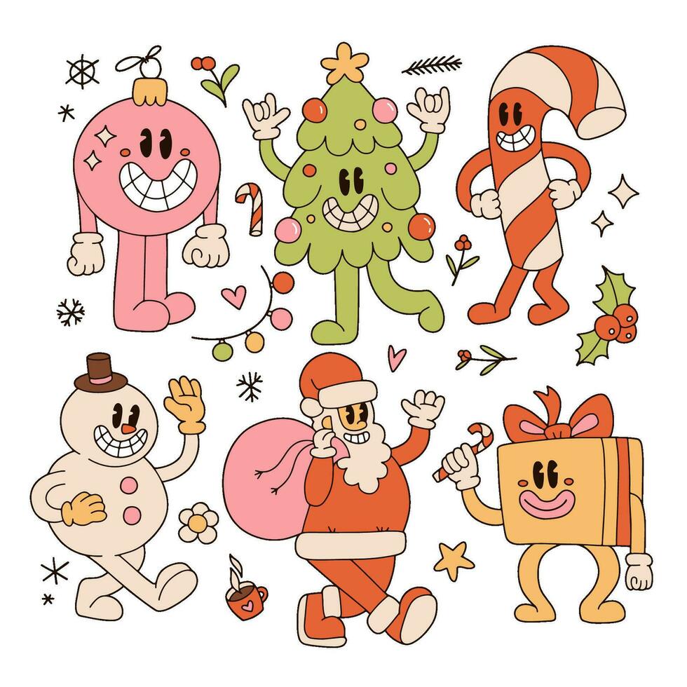 Groovy retro cartoon characters set - Santa Claus, Christmas tree, gift box, ball, snowman, candy cane in trendy 70s-80s vintage toons style. Sticker pack of xmas mascots and elements. Vector design