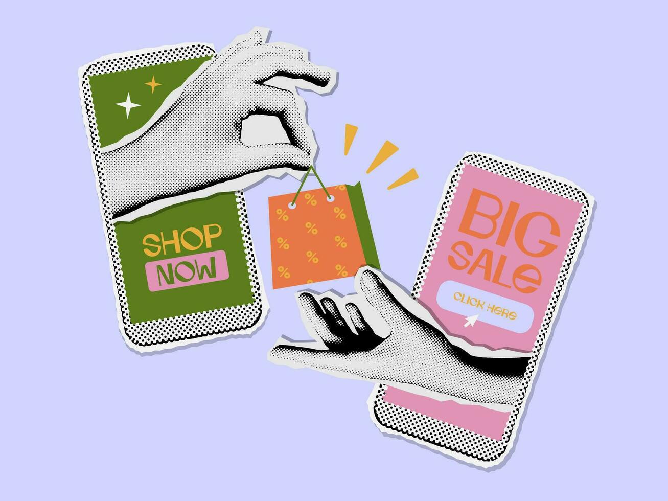 Vintage style collage on the theme of online shopping. Halftone effect hands and phones in 90s retro mixed media style. Vector illustration, big sale shopping bag in hand.