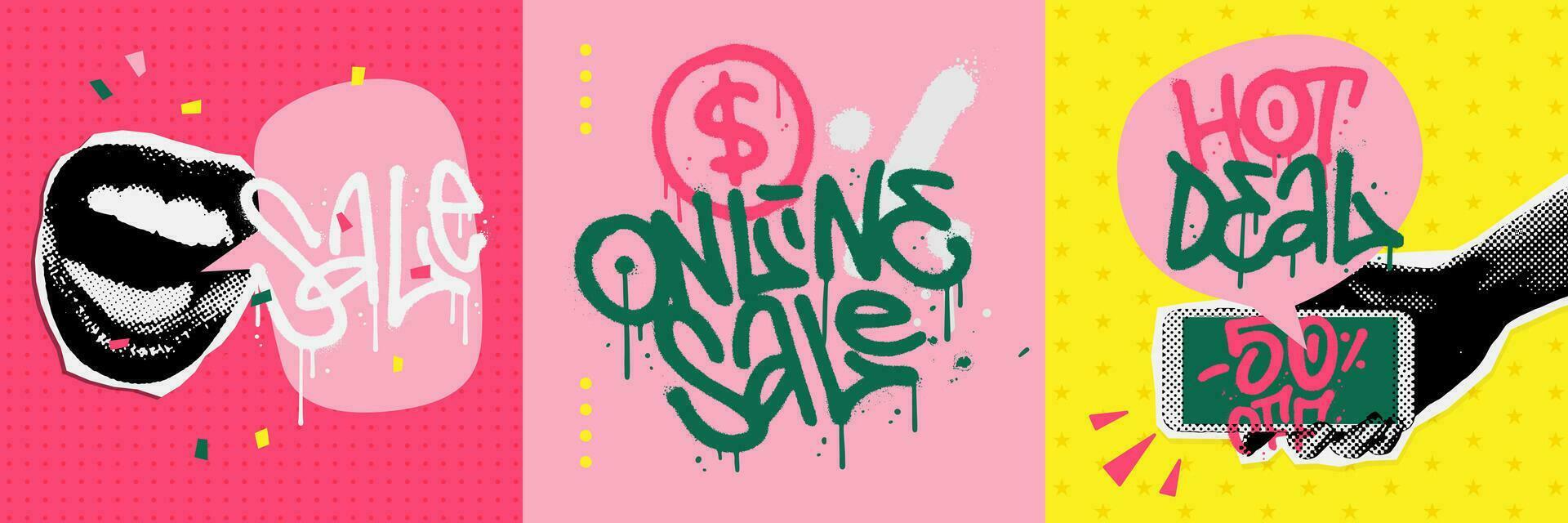 Exclusive online sale banners set in 90s collage magazine sketch style. Cards with speaking mouth, hand holding phone. Vector halftone illustration with graffiti lettering.