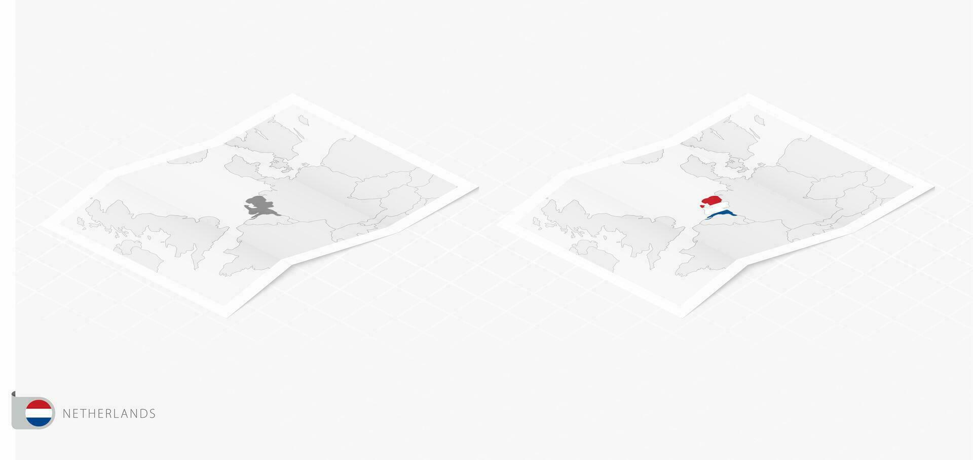 Set of two realistic map of Netherlands with shadow. The flag and map of Netherlands in isometric style. vector