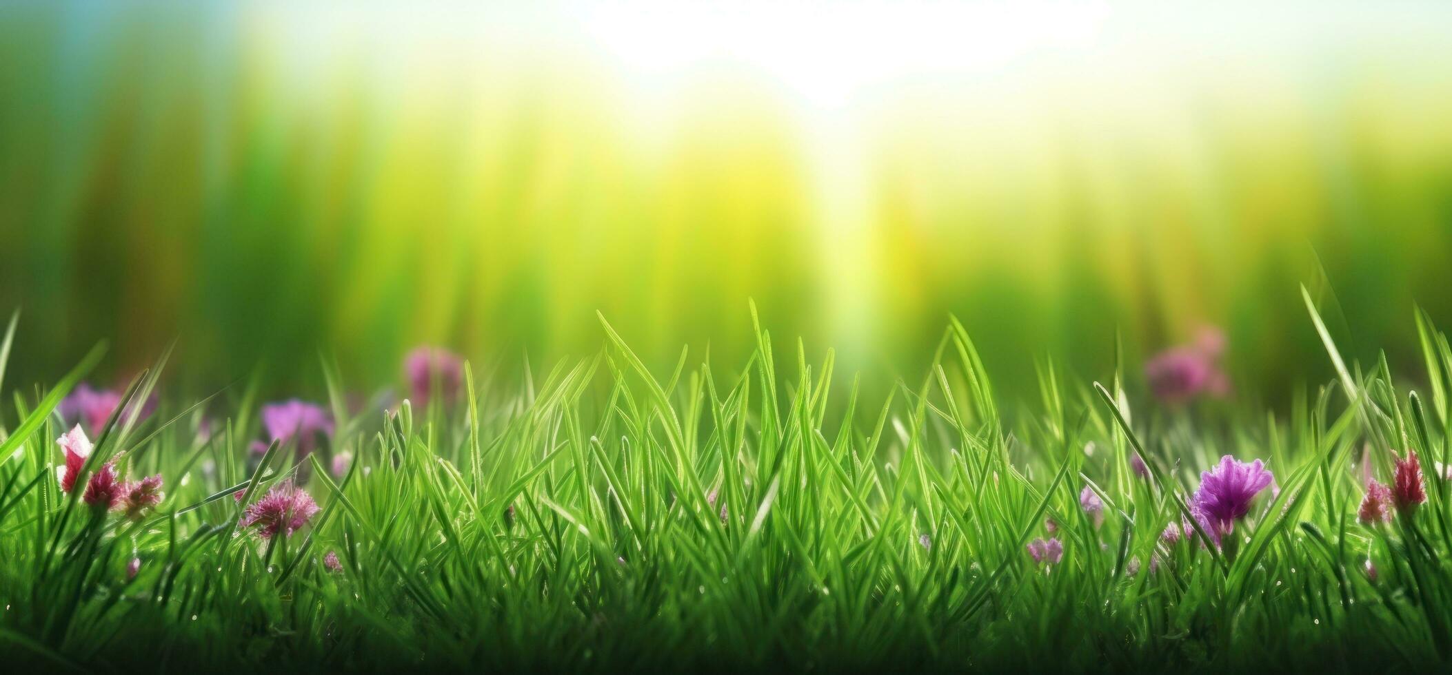 Lush green grass on meadow in morning light, spring summer outdoors close-up, copy space, wide format. A beautiful artistic depiction of the purity and freshness of nature. AI Generated photo