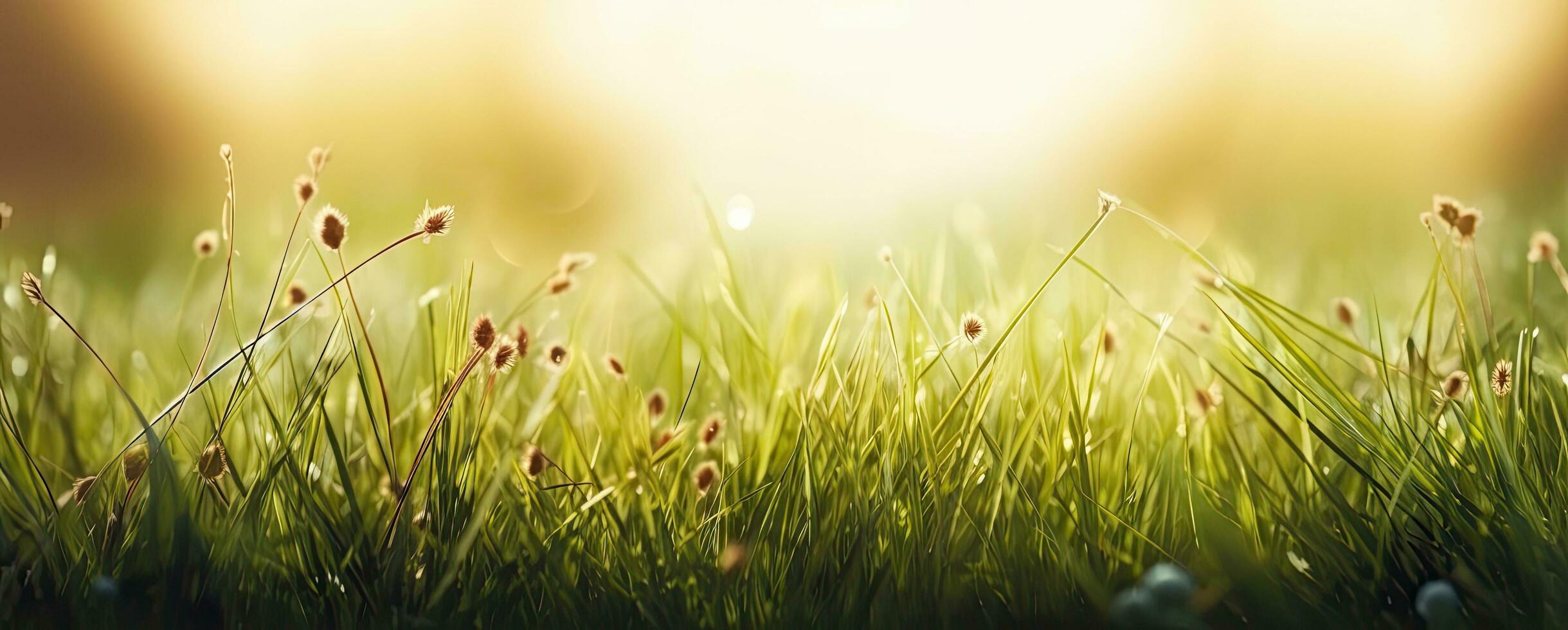 Dewy fresh grass in spring sun. Seasonal meadow background with light bokeh and short depth of field. AI Generated photo