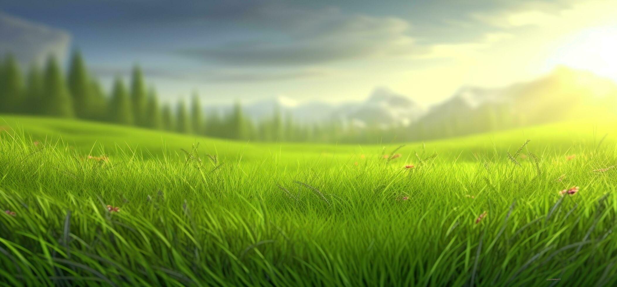 Lush green grass on meadow in morning light, spring summer outdoors close-up, copy space, wide format. A beautiful artistic depiction of the purity and freshness of nature. AI Generated photo