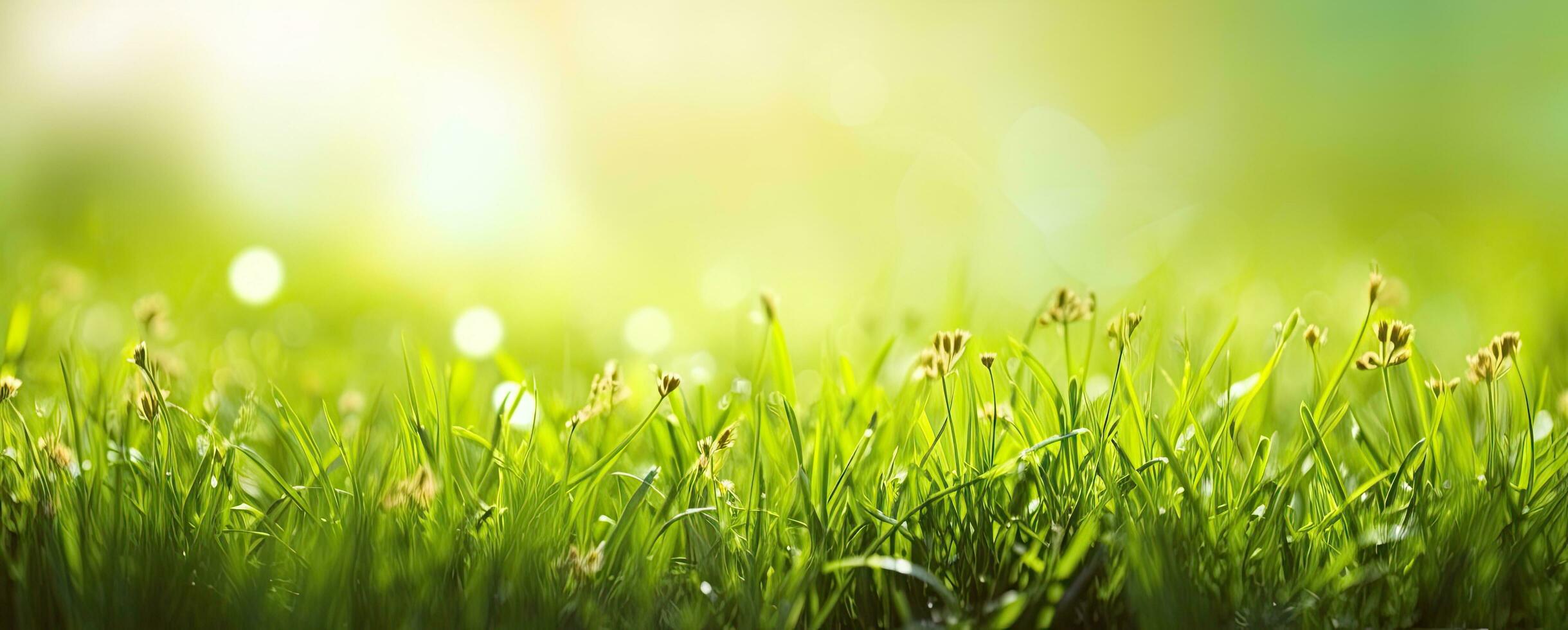 Dewy fresh grass in spring sun. Seasonal meadow background with light bokeh and short depth of field. AI Generated photo