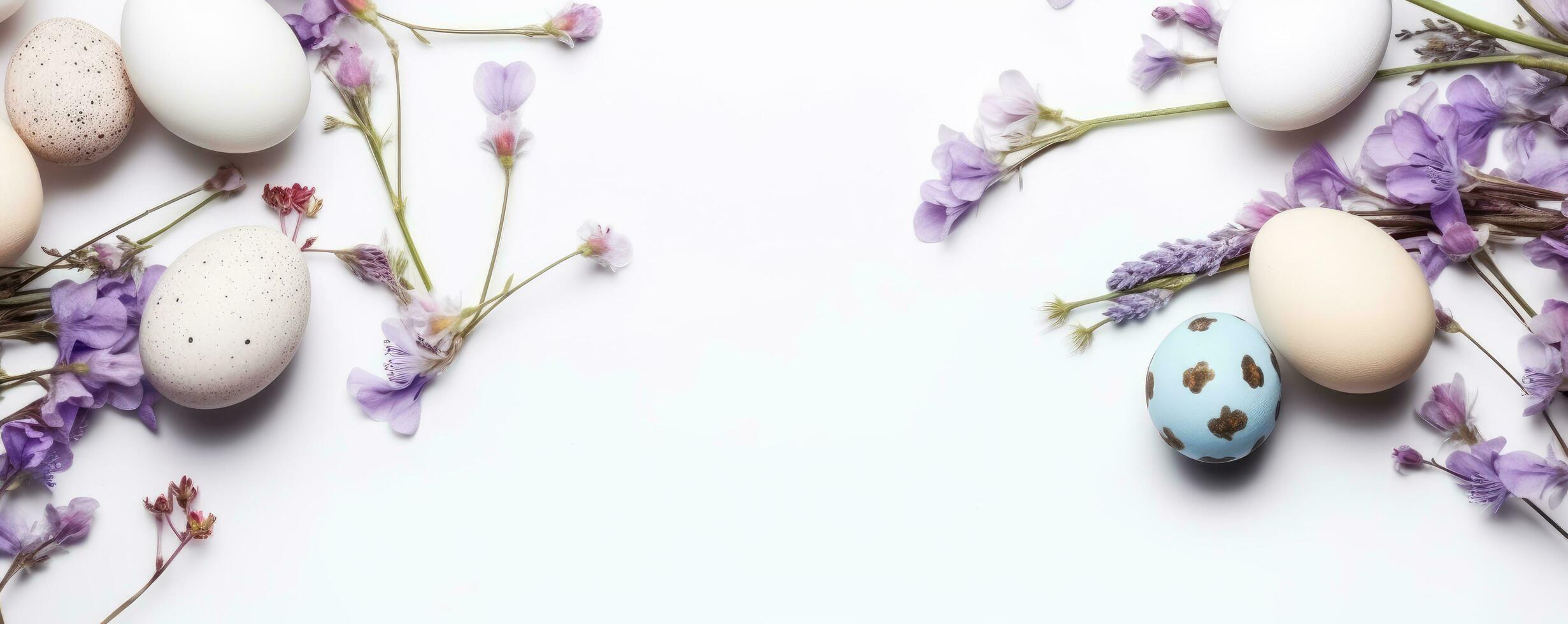 vistoso Pascua de Resurrección huevos en nido con flores en brillante mármol blanco mesa. ai generado foto