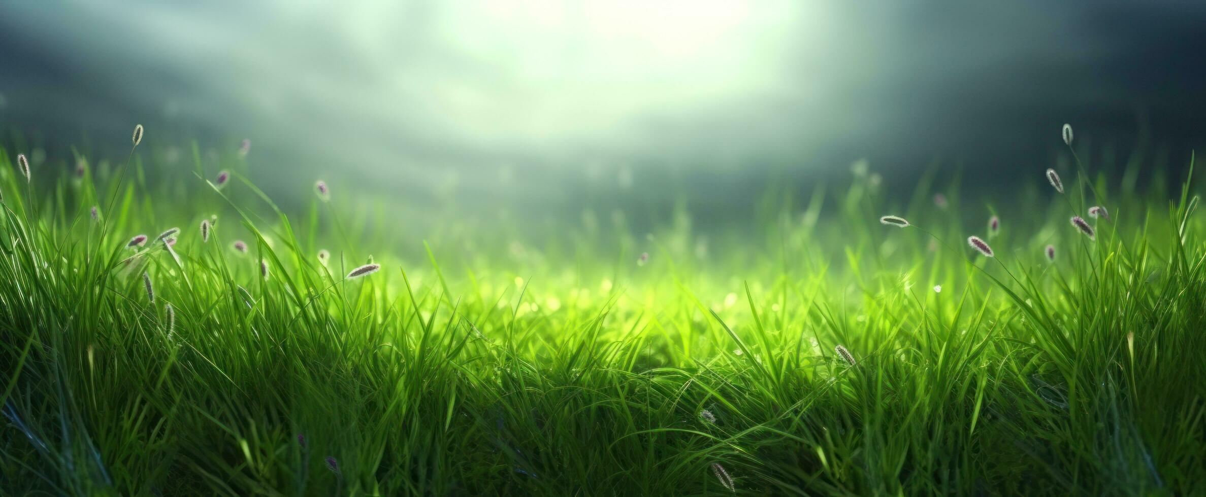 lozano verde césped en prado en Mañana luz, primavera verano al aire libre de cerca, Copiar espacio, amplio formato. un hermosa artístico representación de el pureza y frescura de naturaleza. ai generado foto