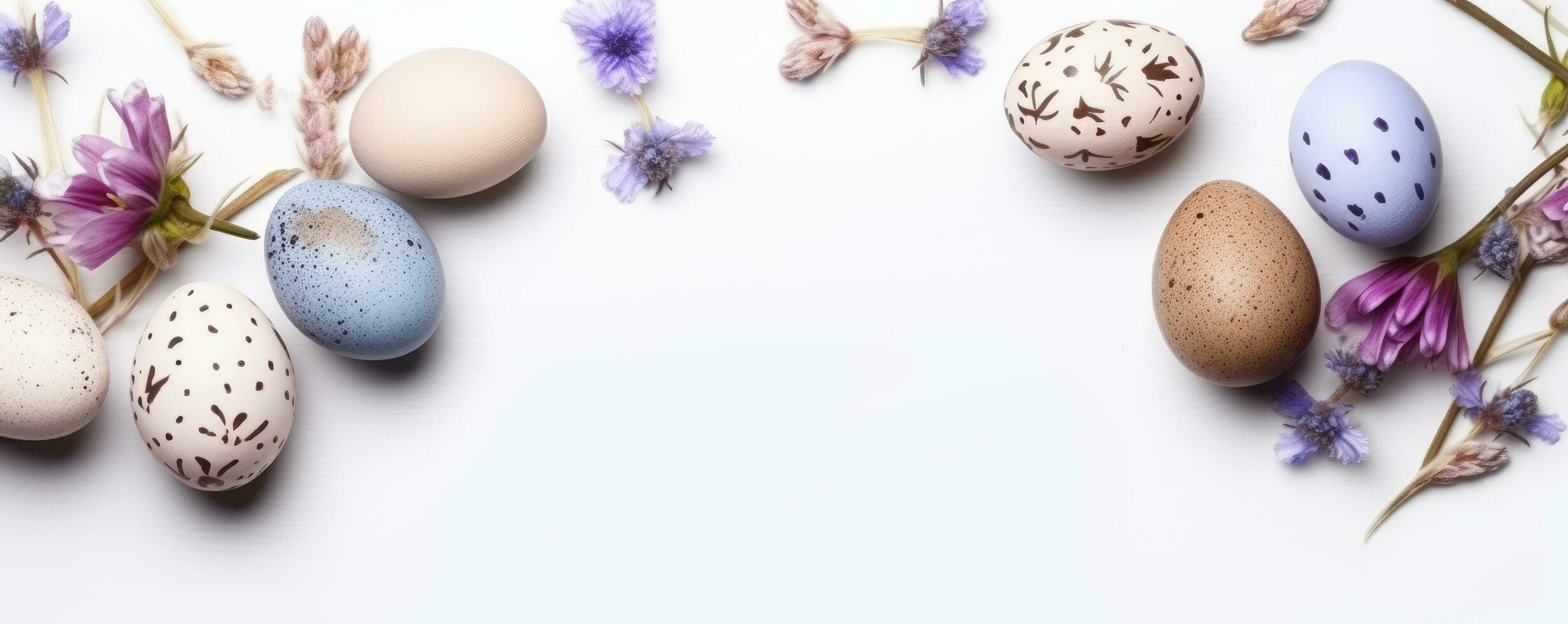 Colorful easter eggs in nest with flowers on bright marble white table. AI Generated photo