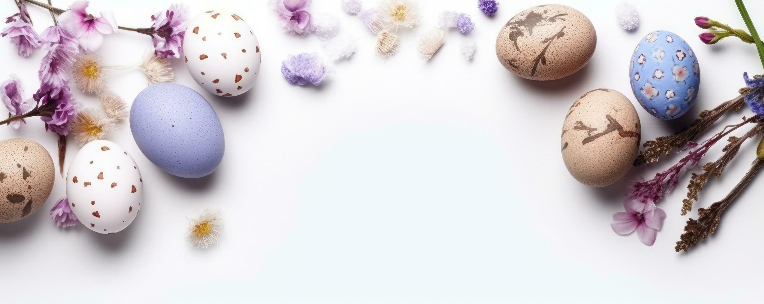 Colorful easter eggs in nest with flowers on bright marble white table. AI Generated photo