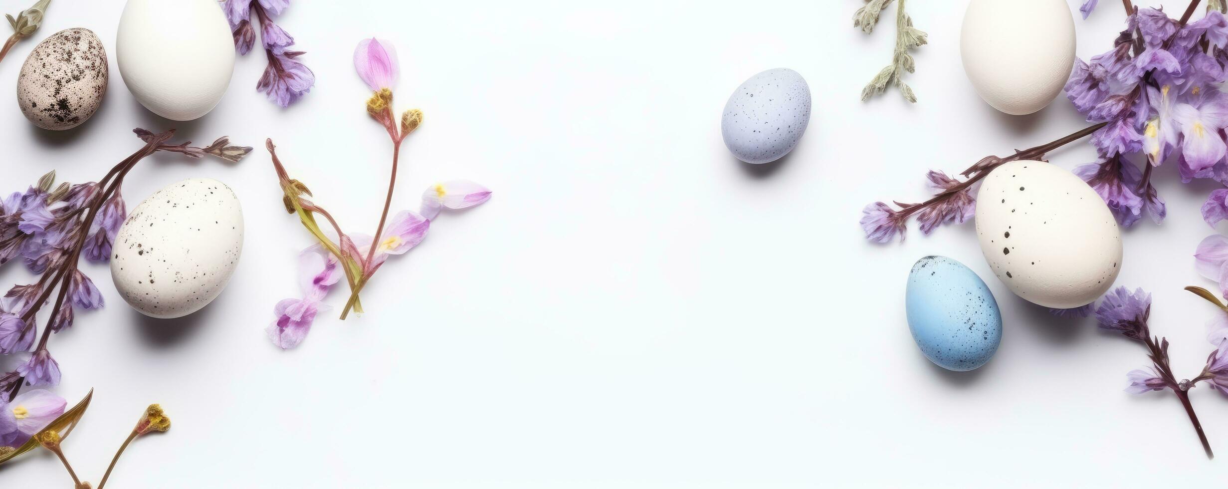 vistoso Pascua de Resurrección huevos en nido con flores en brillante mármol blanco mesa. ai generado foto