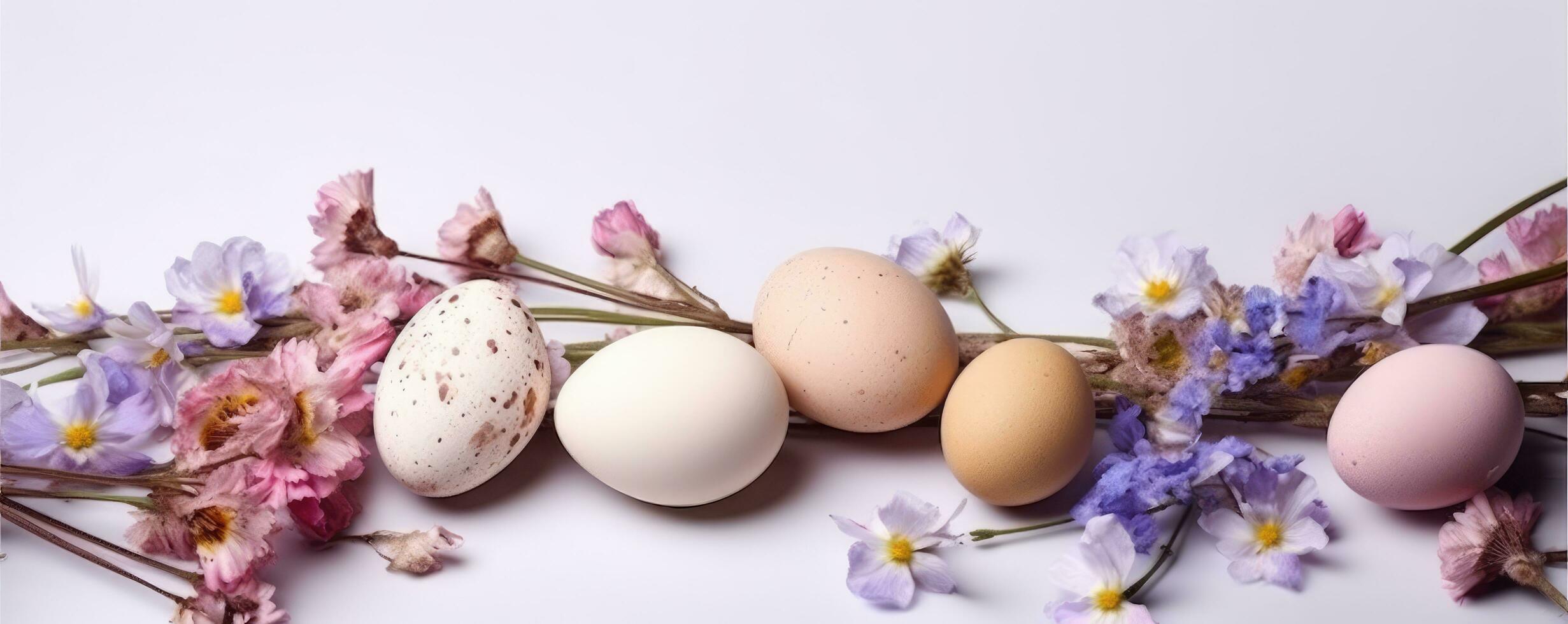 vistoso Pascua de Resurrección huevos en nido con flores en brillante mármol blanco mesa. ai generado foto