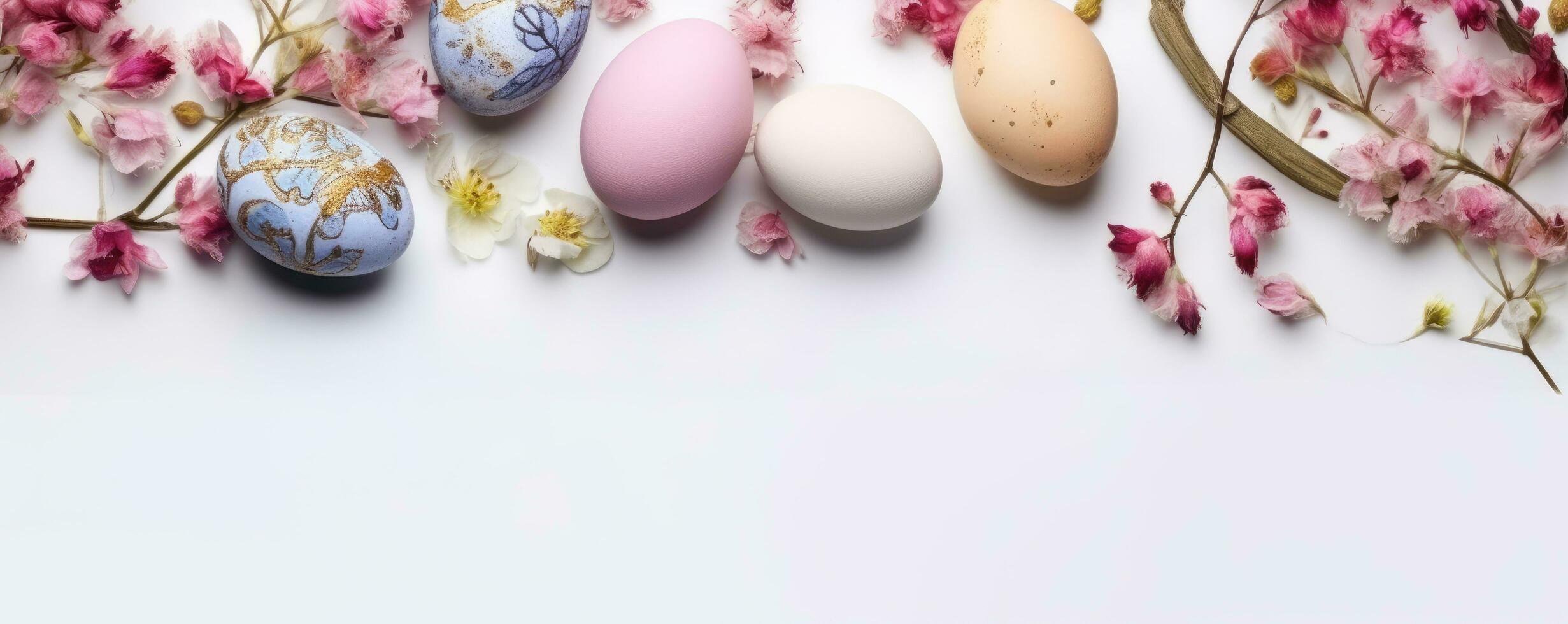 vistoso Pascua de Resurrección huevos en nido con flores en brillante mármol blanco mesa. ai generado foto