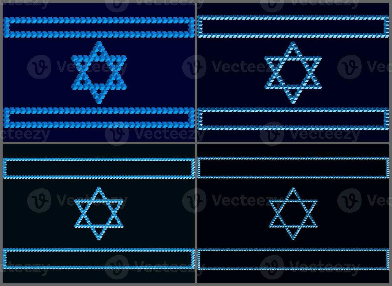 Israeli flags on a dark mournful background. Symbols of Israel based on the Penrose triangle. Monolithic basis of Israeli symbols based on unusual figures with violations of the laws of geometry photo