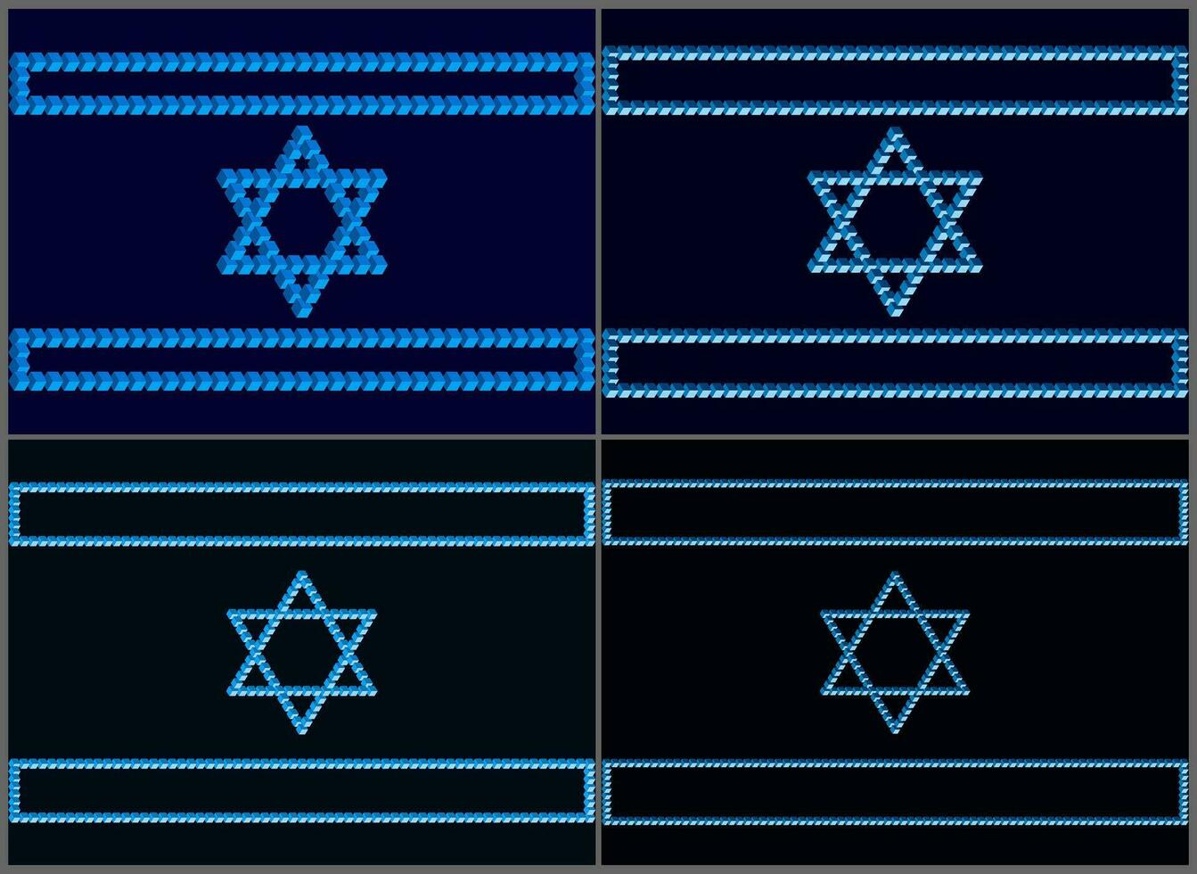 israelí banderas en un oscuro triste antecedentes. símbolos de Israel establecido en el penrose triángulo. monolítico base de israelí símbolos establecido en raro cifras con violaciones de el leyes de geometría vector