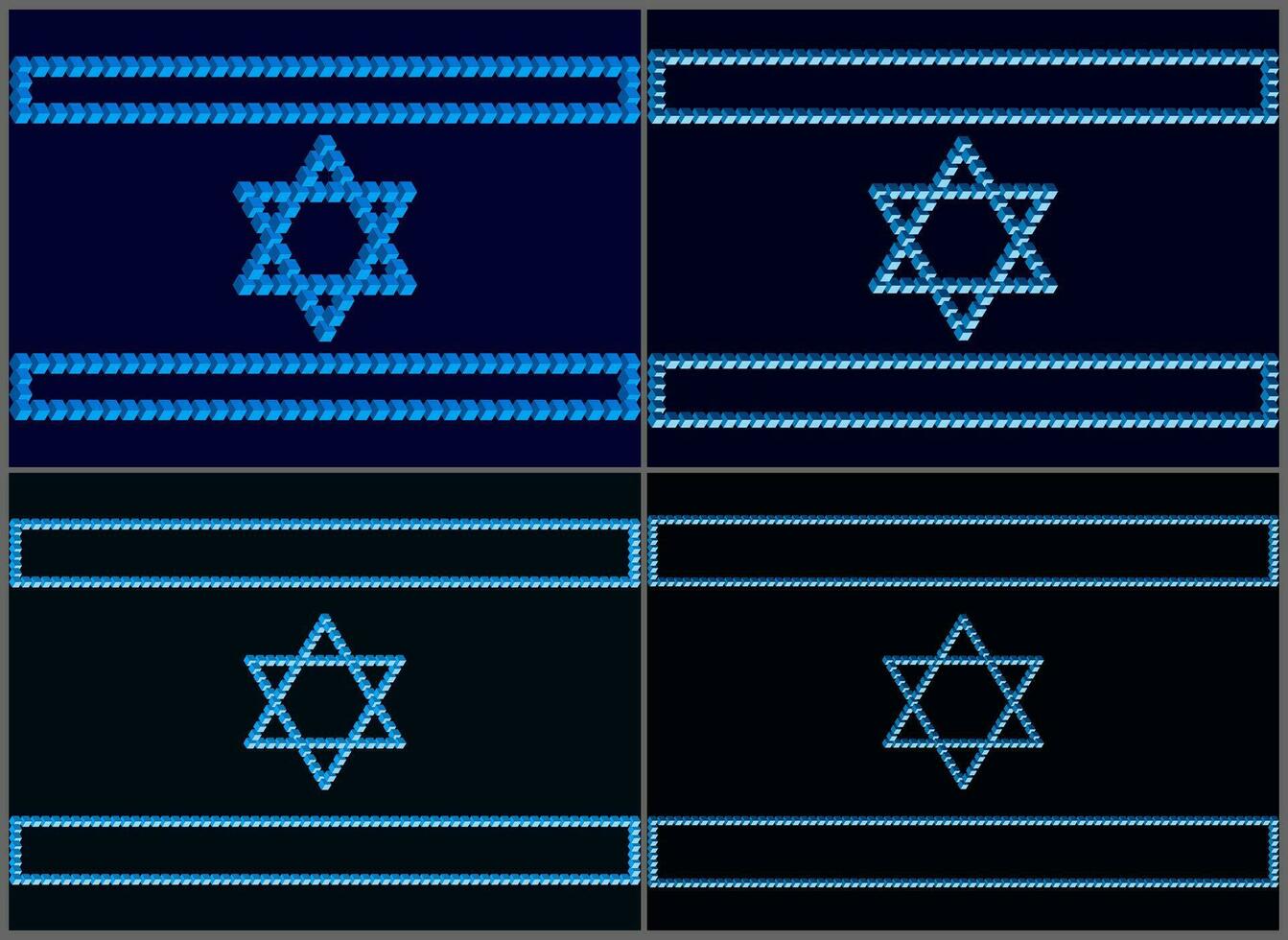 Israeli flags on a dark mournful background. Symbols of Israel based on the Penrose triangle. Monolithic basis of Israeli symbols based on unusual figures with violations of the laws of geometry vector