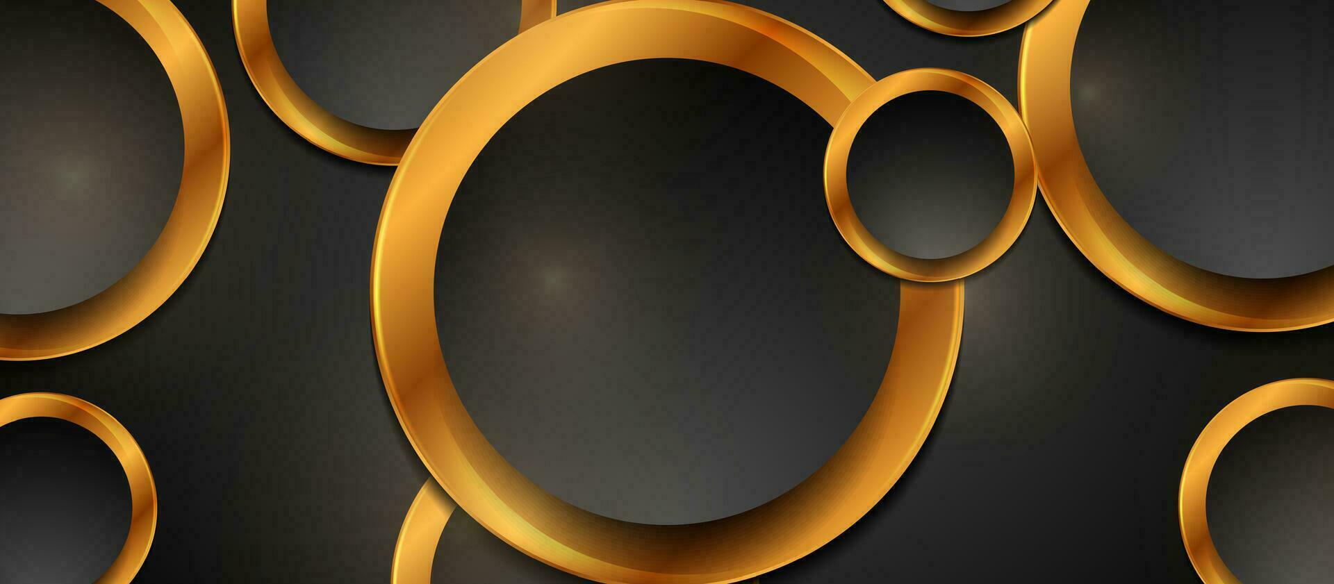Black and shiny golden circles abstract tech geometric banner vector