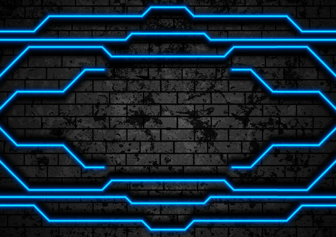 Blue neon technology lines on brick grunge wall vector