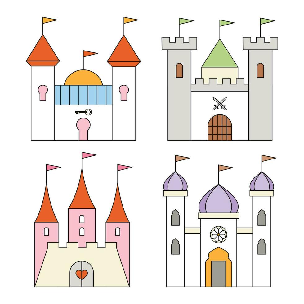 linda dibujos animados sencillo castillo icono conjunto aislado en blanco antecedentes. diferente estilos y colores. vector ilustración