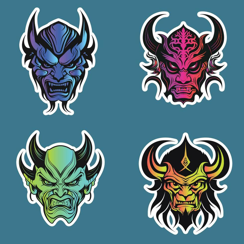 Four Demon Heads on Blue Background vector