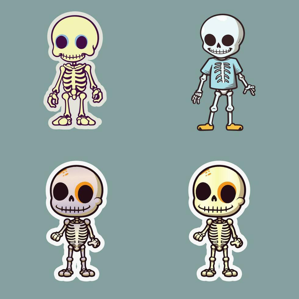 Four Cartoon Skeletons Expressing Different Emotions on a Blue Background vector